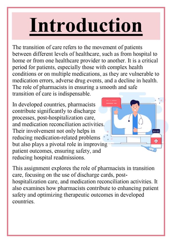 Role of Pharmacists in Transition of Care: Discharge cards, post hospitalization care, medicine reconciliation activities in developed countries Assignment - Image 4
