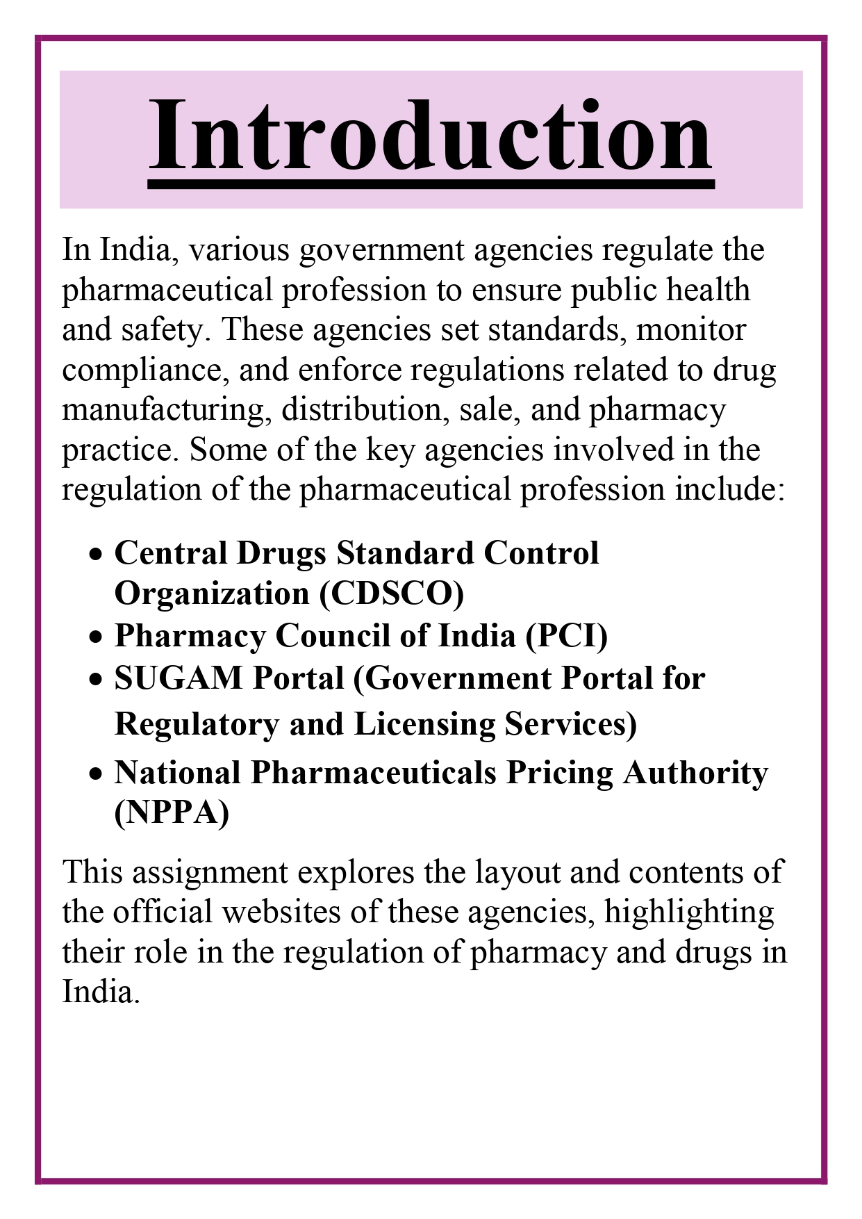 Layout and contents of official websites of various agencies regulating the profession of pharmacy in India: e.g., CDSCO, SUGAM portal, PCI, etc. Assignment - Image 6